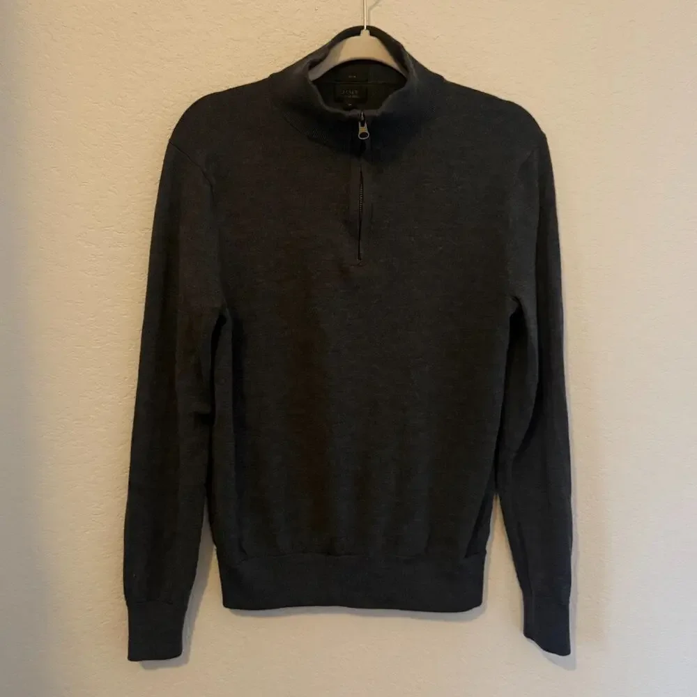 J.Crew Merino Wool Quarter Zip Grey Sweater Pullover Men's Medium Preppy Office
